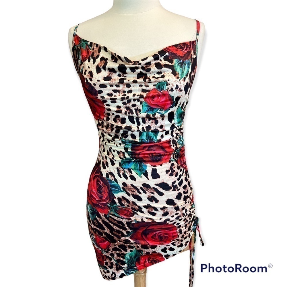 Animal Mix Print Bodycon Adjustable Straps Asymmetrical Hem Ruching Sz 6​​​​​​